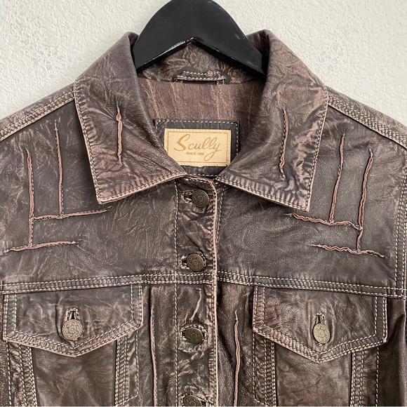 SCULLY Genuine Leather Brown Vintage Look Distressed Topstitch Leather Jacket - Picture 9 of 14